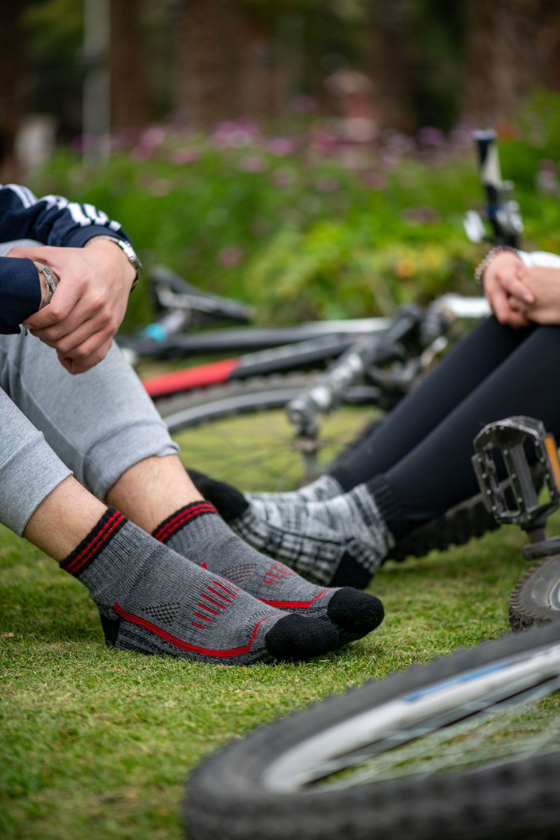 relaxing after a bike ride wearing alpaca socks