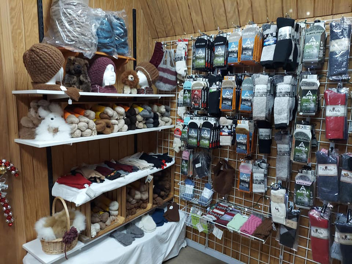 Part of the Farm Shop, showing socks and yarn